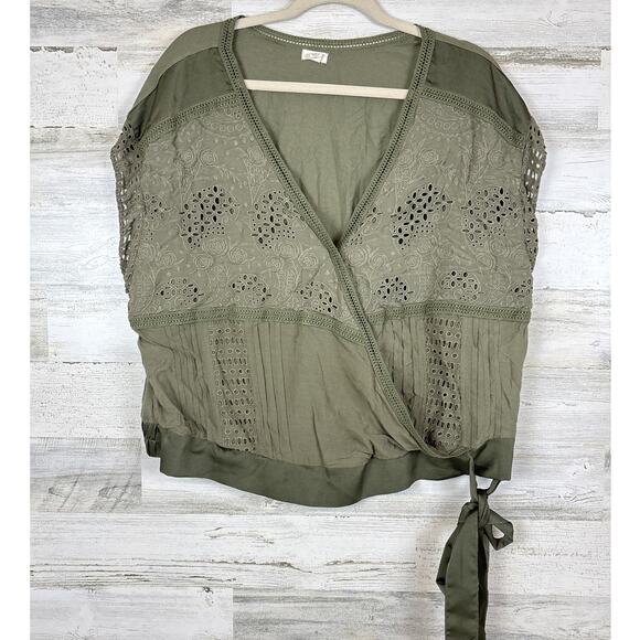 Anthropologie Tiny Womens 2X Tatiana Olive Green Lace Boho Wrap Short Sleeve Top - Picture 3 of 8